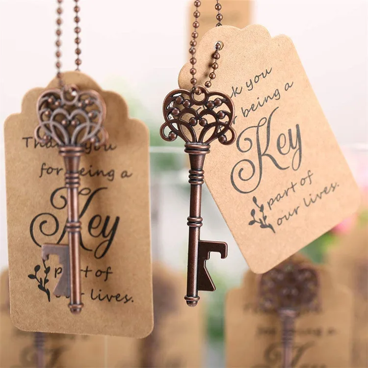 Vintage Key Bottle Opener Rustic Wedding/Party Favors Guest Souvenir Gift Set with Escort Thank You Tag Card and Key chain