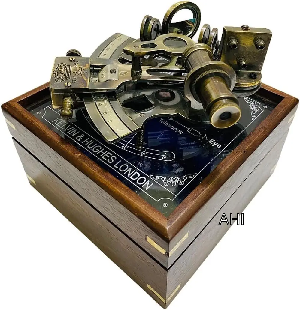 Vintage Astrological Sextant with Wooden Box Antique Finish Perfect Nautical Gifts Brass Sextant