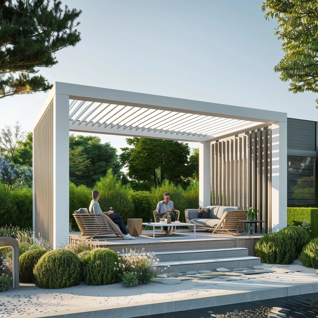 Villa Sunshade and Sun Terrace motorized canopy gazebo bioclimatic aluminium outdoor arches arbours bridge louvered pergola