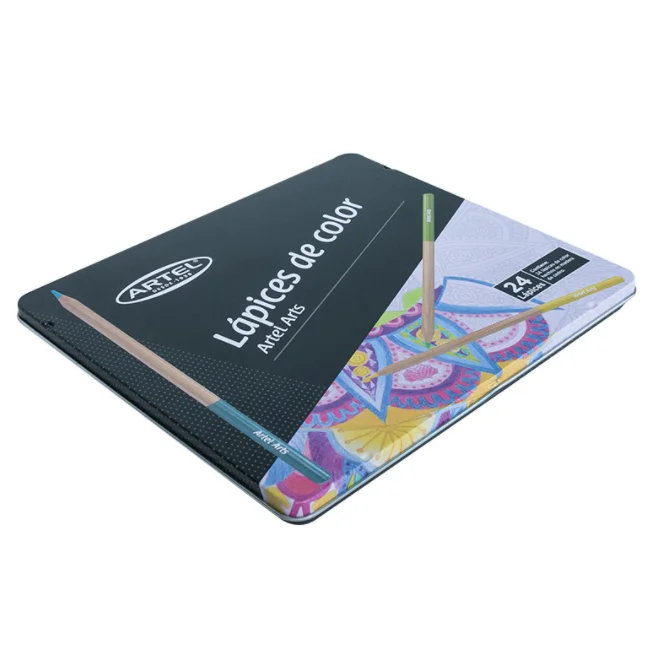 Wholesale Thin Hinged Color Pencil Metal Packaging Tin Case Custom Printed Tin Box