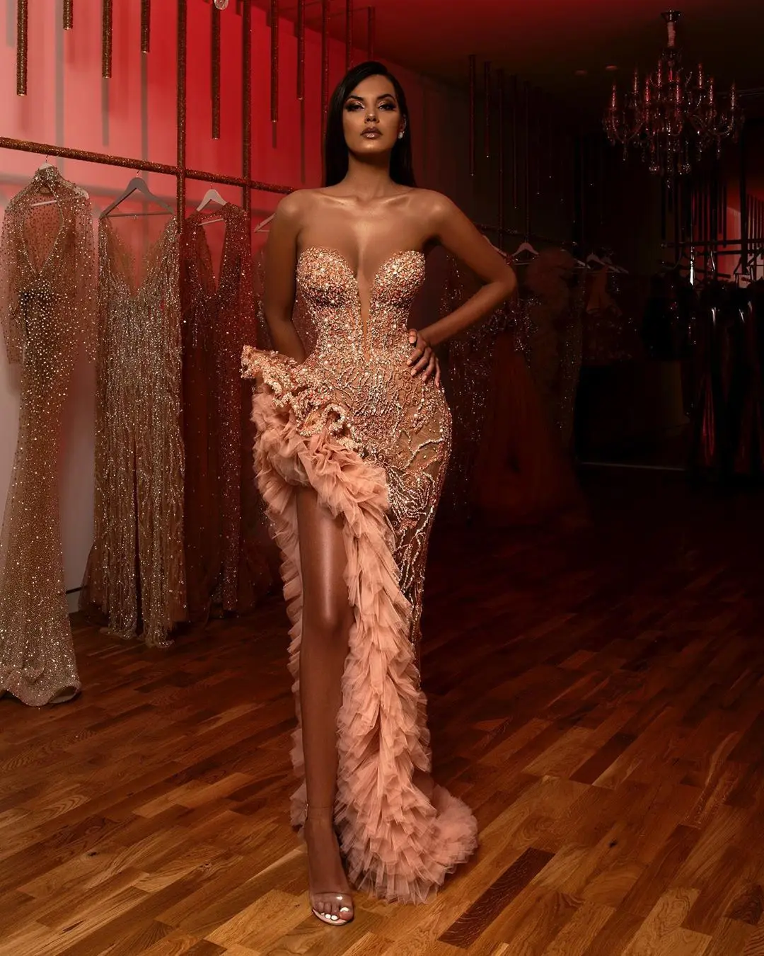  latest design solid color one shoulder shining sequin party dresses high slit full length maxi women