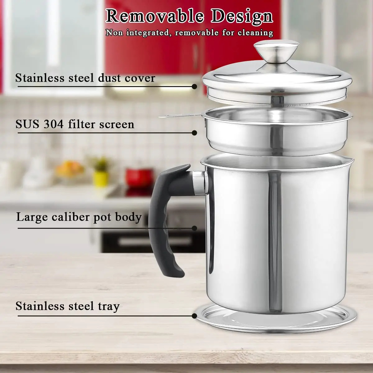 Kitchen Frying Oil Separator Filter Pot 18/8 SUS304 Oil Storage Cup Bacon Grease Container with Fine Mesh Strainer