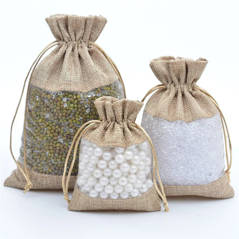 Middle Opening Style Jute Package Drawstring Pouch with Organza Window Packing for Jewelry Gift