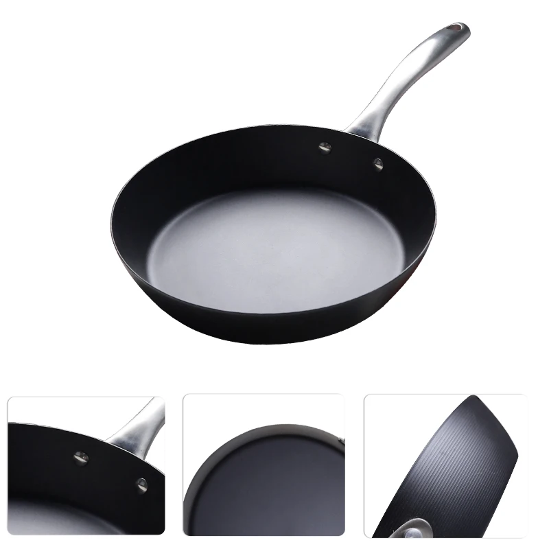 Customized Carbon Steel Frying Pans Pre-seasoned Kitchen Black With Stainless Steel Handle Fry Pan
