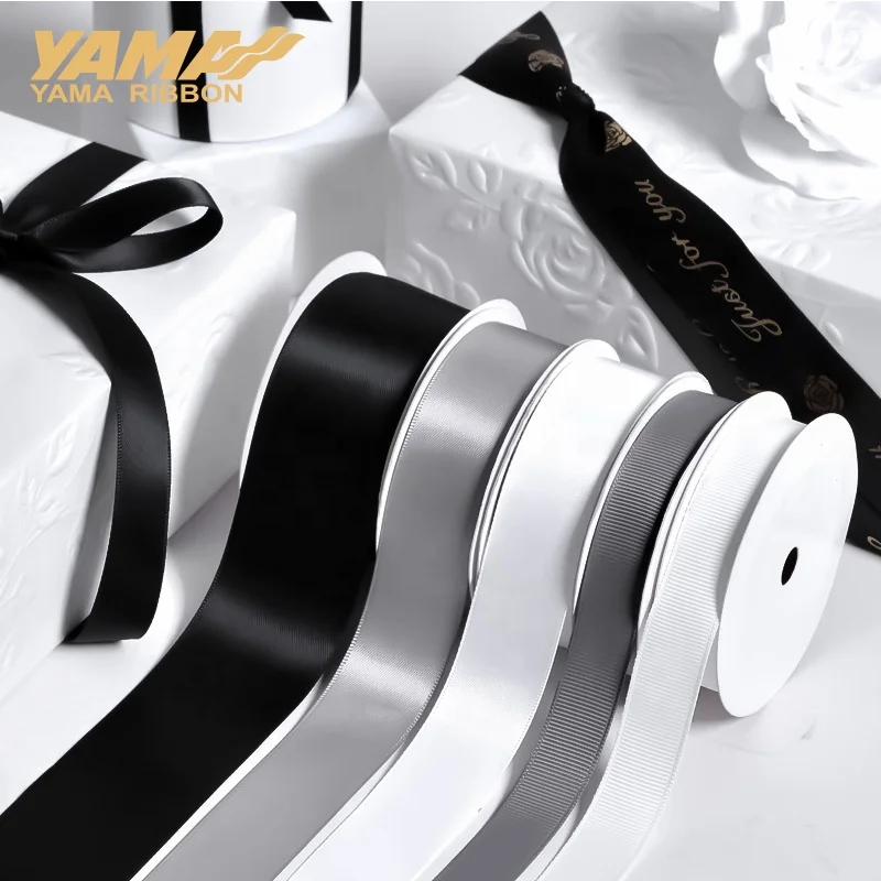 Yama ribbon stock wholesale polyester classic black white grey grosgrain ribbon for gift wrapping box 100 yards