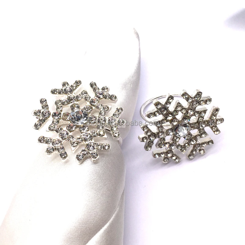 Wholesale gold coated metal crystal rhinestone Christmas wedding snowflake napkin rings