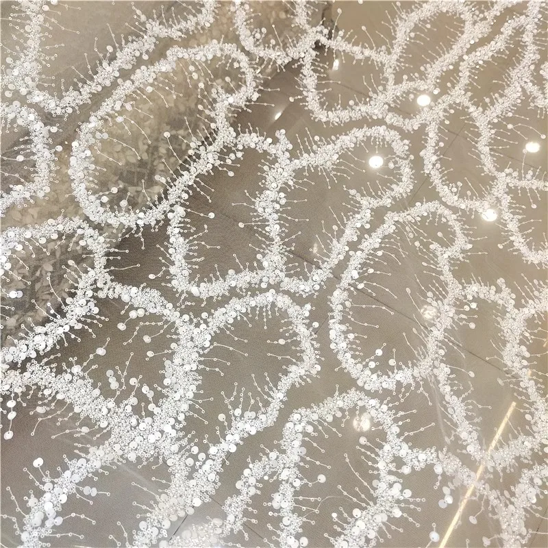 Factory direct sales heavy hand embroidery beading sequins tulle  lace fabric wedding dress
