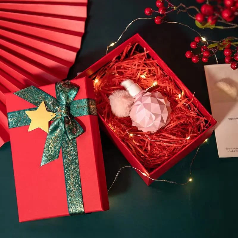 Free Design Ribbon& Star Christmas Gift Box Rigid Cardboard Box Recycled Paper Red Green Customized Colors Cheap Packaging Box
