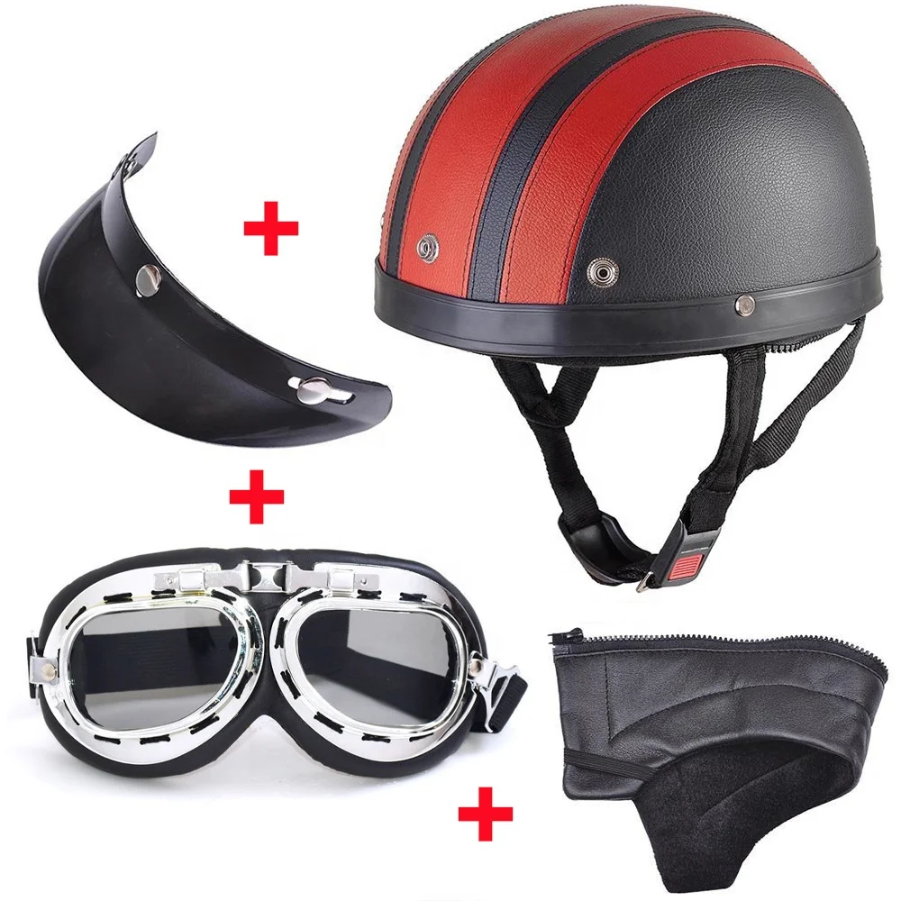 High quality ABS & PU Leather Motorcycle Open Half Face Helmets with Ski Snowboard Glasses