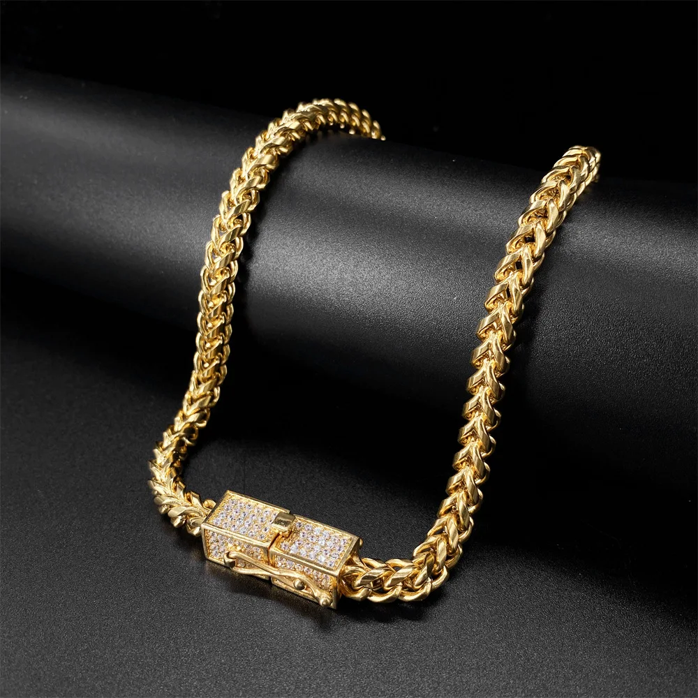 Newest 18K Gold Plated Zircon CZ CNC Clasp Box Chain Bracelet Stainless Steel Encrypted Curb Cuban Link Chain Hip Hop Necklace