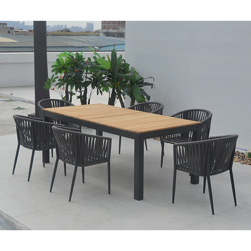 Outside Contemporary Teak Wood Dining Table and Woven Chairs Balcony Patio Furniture Set Outdoor