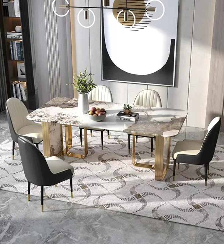 Fashion high quality rock plate dining table kitchen living room guest dining table with metal foot furniture