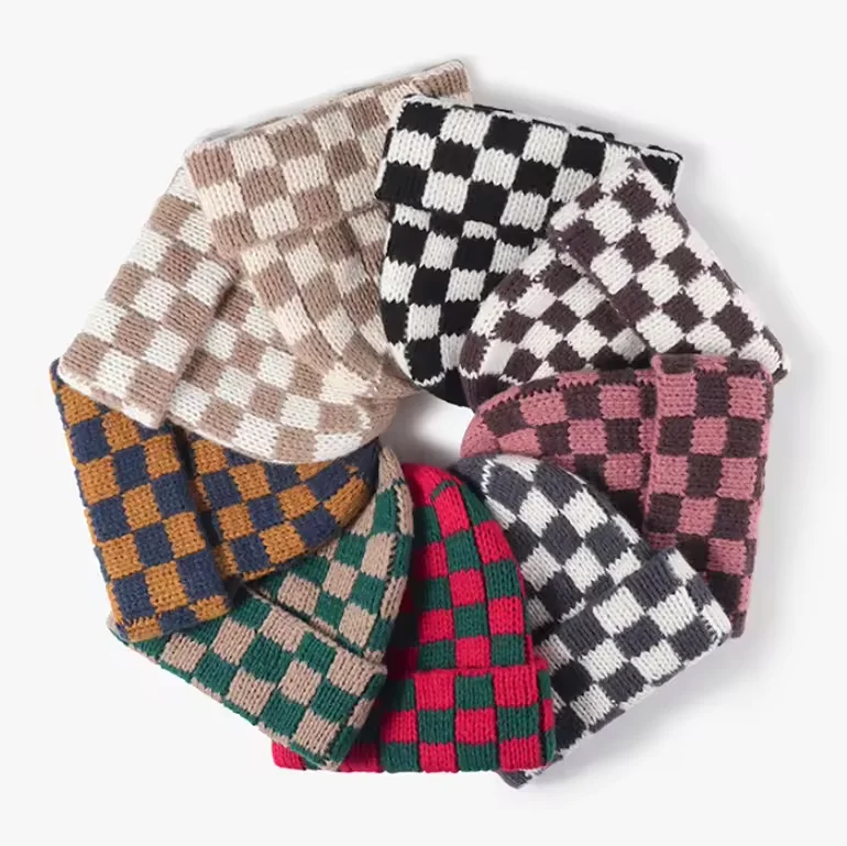 New Arrival Designer Checkered beanie Checkerboard Winter Cap Single Cuff beanie Soft Warm Knitted Beanie Hats
