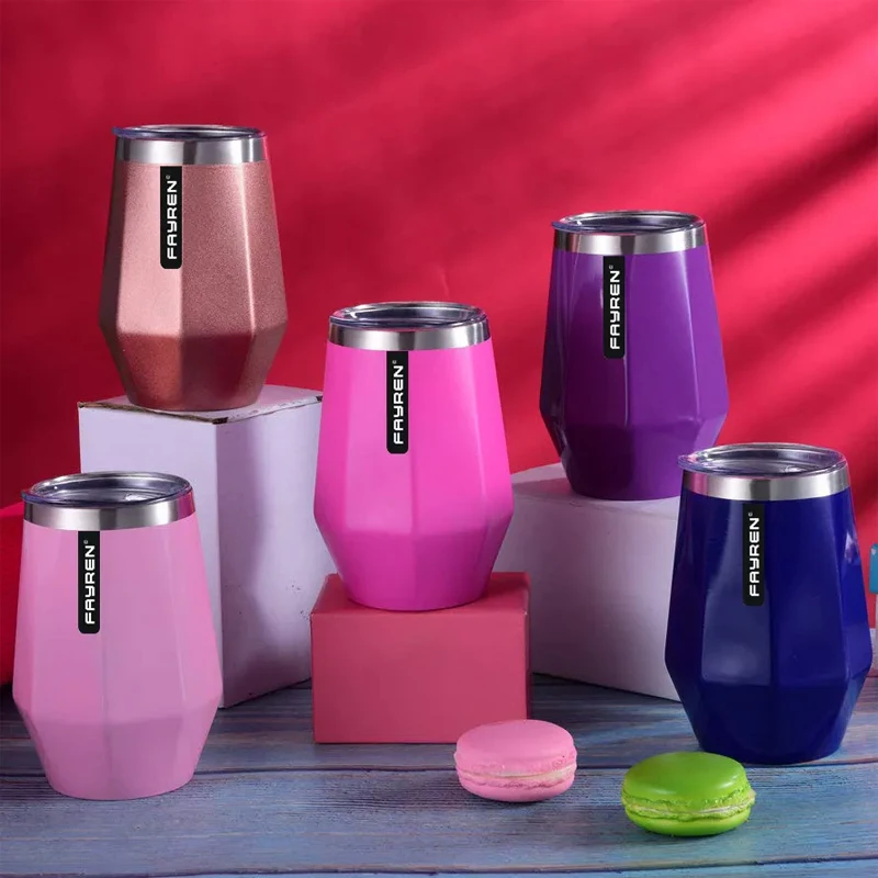 Custom Logo 12oz Diamond Shape Stainless Steel Thermal Insulated Coffee Cup Beer Mug Stemless Wine Tumbler cup With  Lid