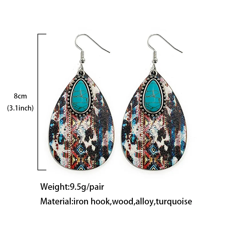 Classic Geometric Stitching Cowboy Turquoise Teardrop Earrings Western Wooden Aztec Pattern Water Drop Earrings
