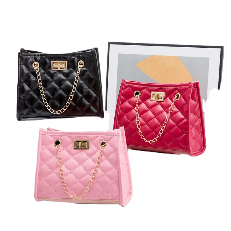 candy color fashion long gold color metal chain tote girls pink handbag pu leather women Bags