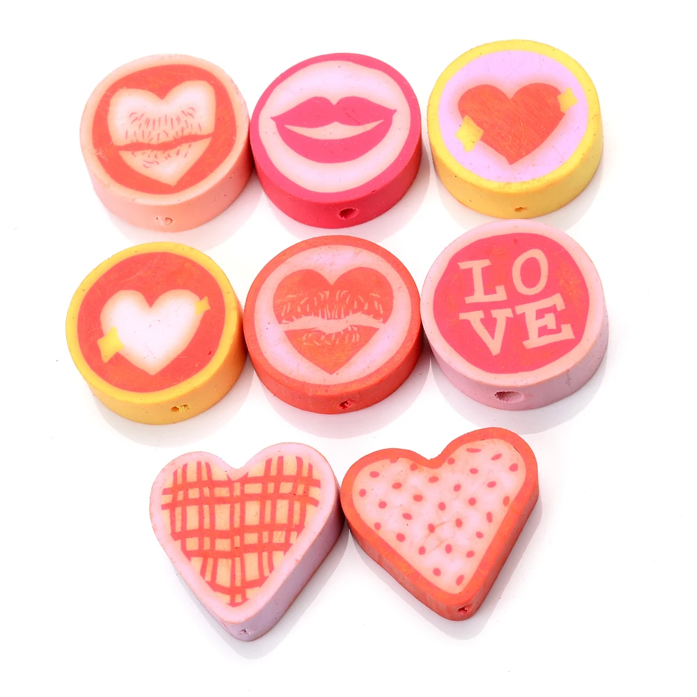 10Pcs/Lot 15mm Heart Polymer Clay Beads 8 Style Love Stripe Heart Space Beads For Jewelry Making Bracelet DIY Home Craft