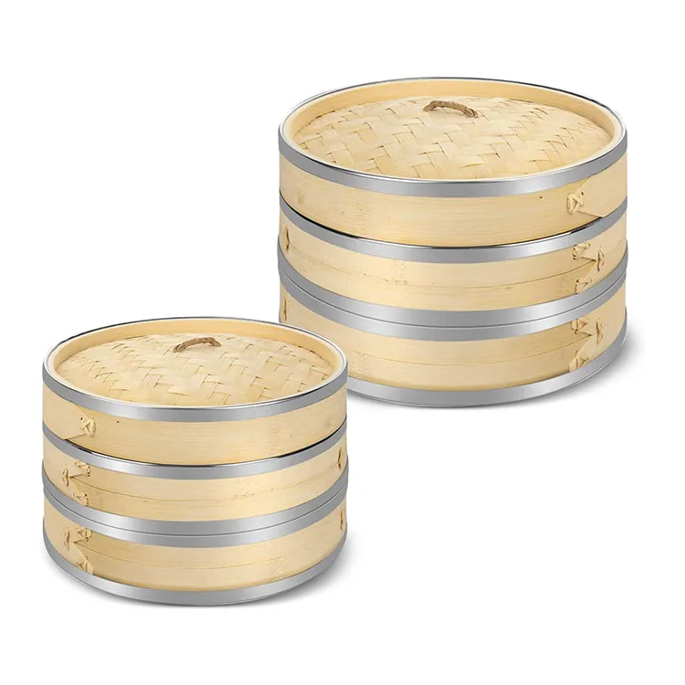 Wholesale chinese 10 inch food dumpling basket bamboo steamer for cooking, bamboo steamer with stainless steel