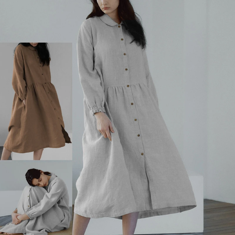 Wholesale stock 2022 new arrival elegant casual korean Japanese style organic plus size cotton linen womens long dresses