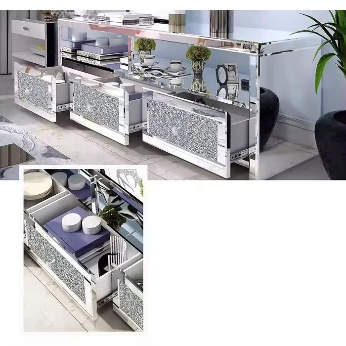 Modern 3 Drawer Mirrored Crystal TV Stand Silver TV Console Table Tv Cabinet For Living Room Hotel Furniture
