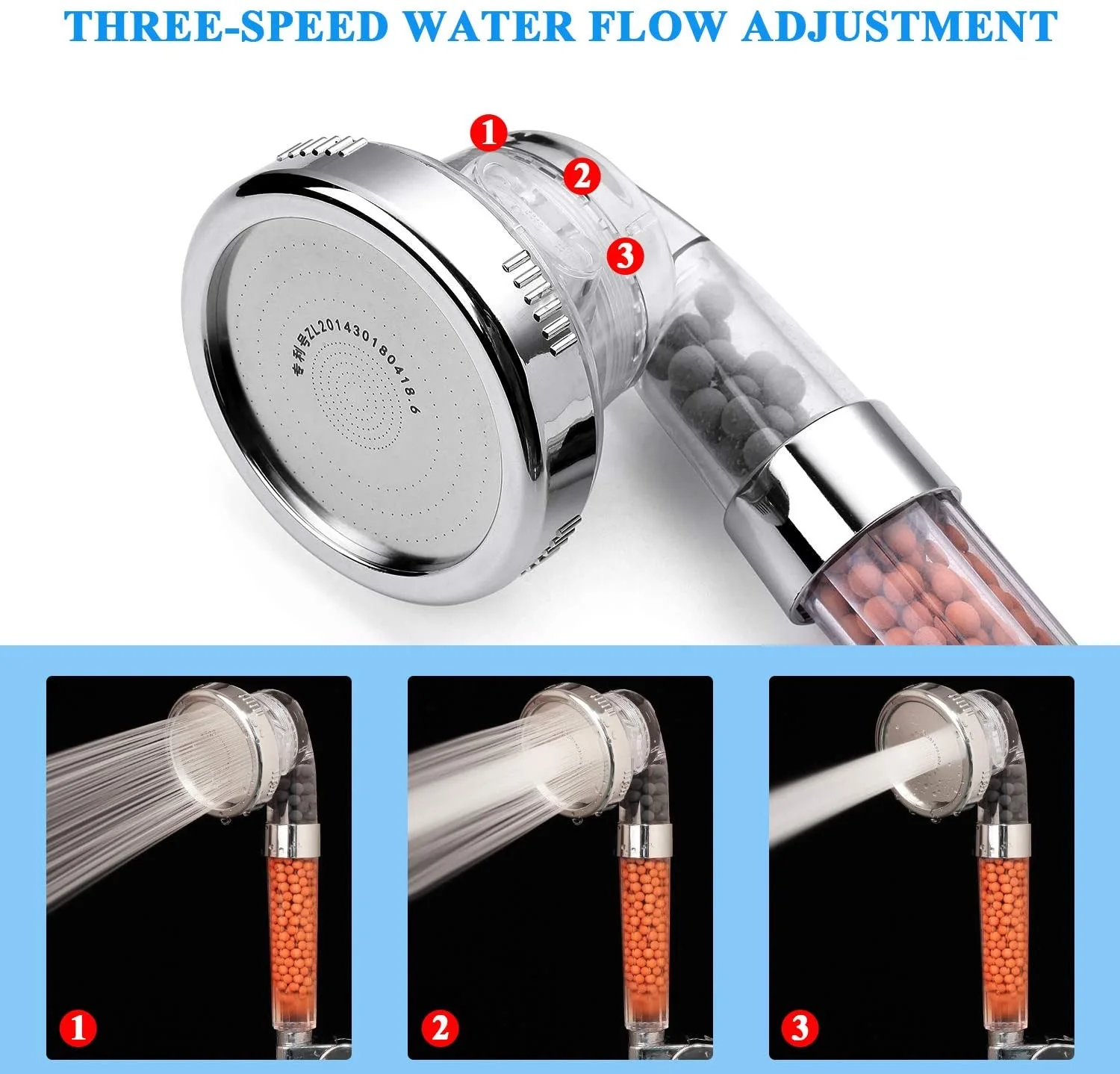 High Pressure Showerhead with 3 Setting, Water Saving and Stone Filter Beads Handheld Shower for Dry Hair and Skin Spa
