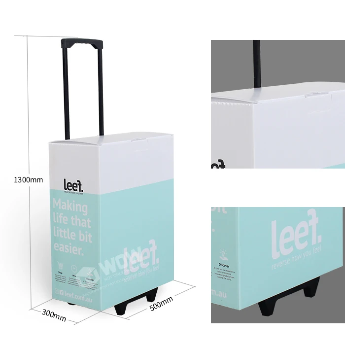 Recyclable Exhibiting Cardboard Trolley Box Cheapest Movable Cardboard Retail Suitcase Advertising Box