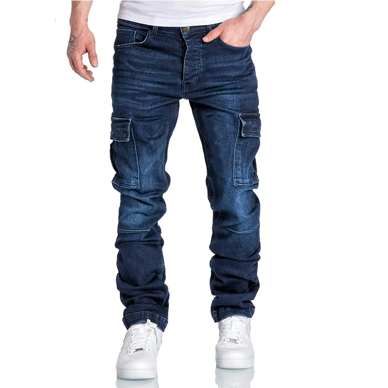 Wholesale Europe And America Men Jeans 7 Pockets Dark Washed Summer Stacked Trousers Cotton Spandex Stretchy Denim Cargo Jeans