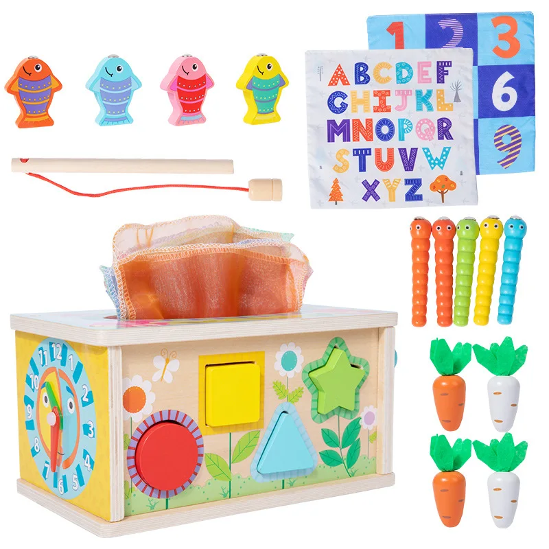2024 Kids Wooden Game Box Child Educational 8 in 1 Multi-functional Smart Toys Color Shape Cognition and Tactile Training Game
