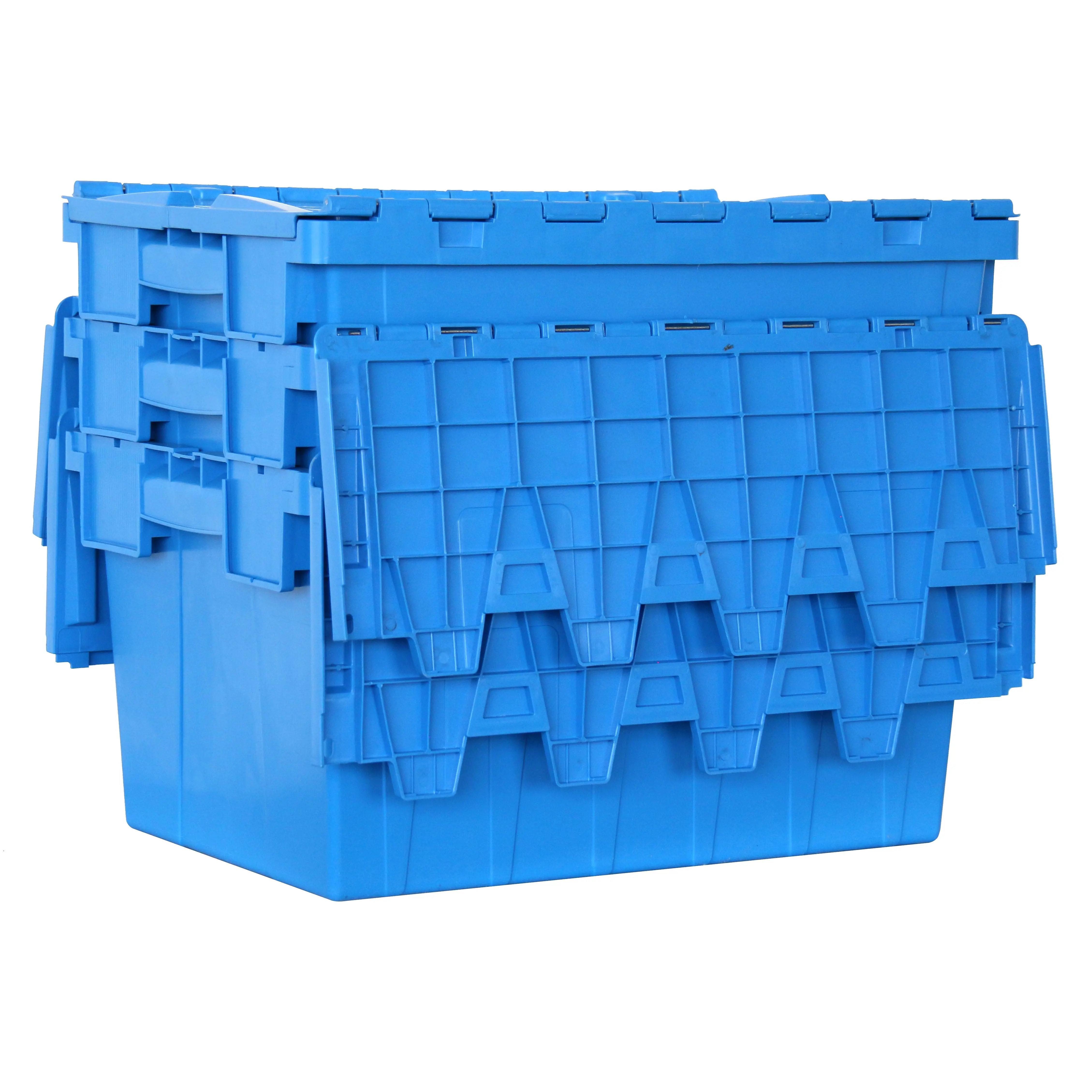 Factory supply reasonable price 56L stack & nest solid plastic storage crate heavy duty moving totes with lid