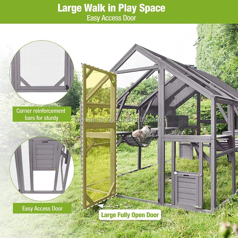 Large Cat Run Wooden Cat Houses Outdoor Enclosure, Catio Cat Cage Kitten Condo-Backyard Run Cage for Pets, Weather Proof Cover