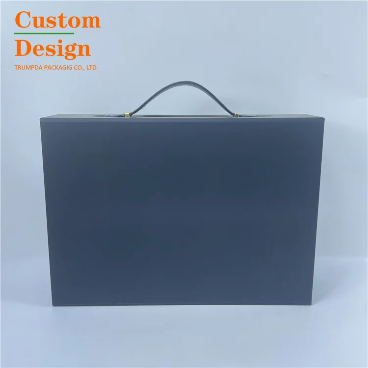 Customizable Logo Luxury Silk Soft Touch Black Paper Leather Handle Brief Case Packaging Box For Clothes Kerchief Coif Reusable