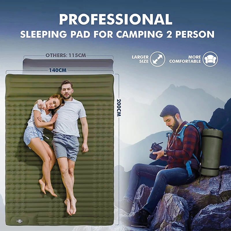 Ultralight Air Mattress 2 Person Camping Mat 40D Nylon Composite Fabric TPU Inflatable Double Sleeping Pad with Foot Pump Pillow