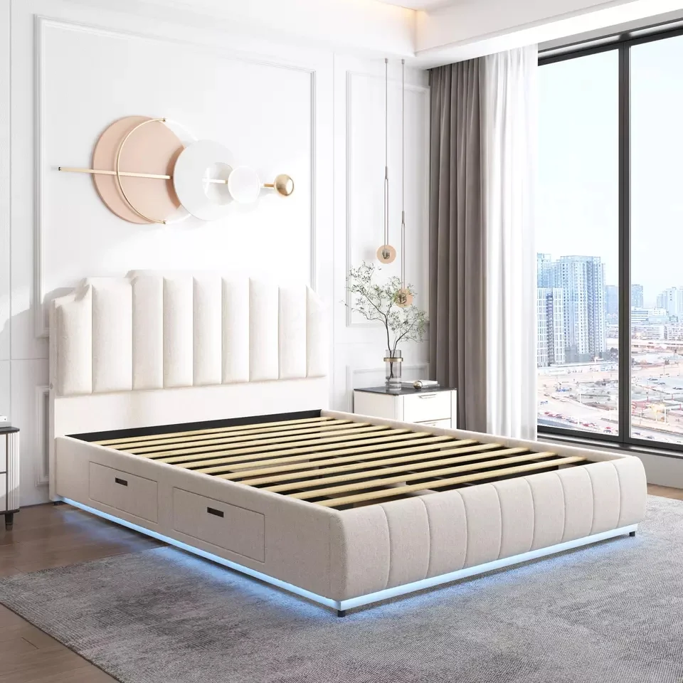 Белая стеганная современная светодиодная кровать для спальни королевская металлическая мягкая платформа с четырьмя ящиками хранения