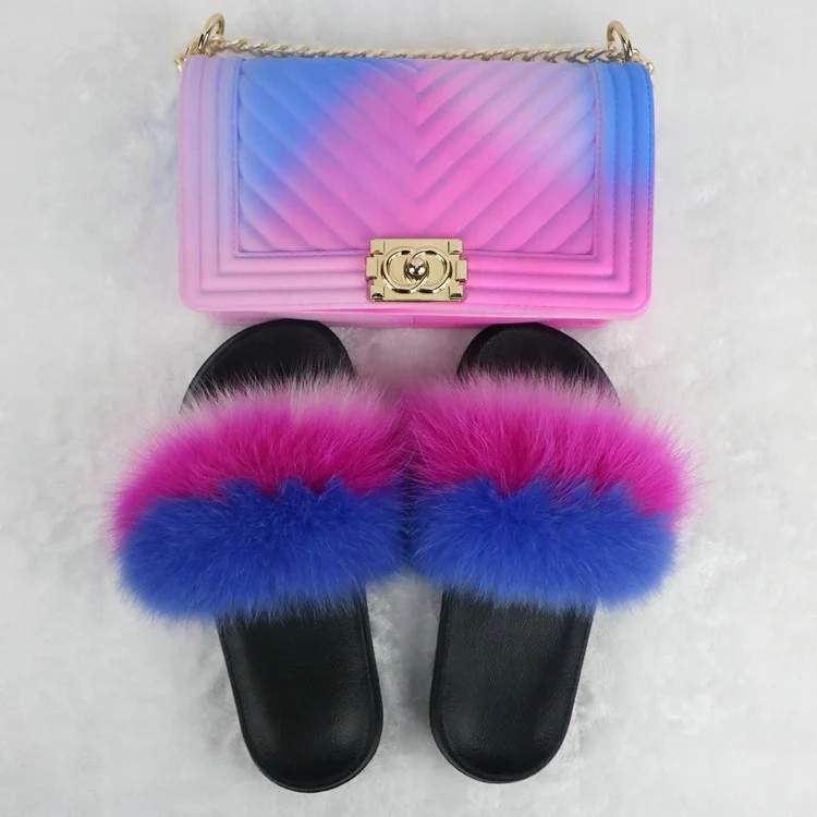 100%Real Fox Fur Slippers Women Fur Slides Rainbow Shoe Cute Fur Flip Flops Women Travel Furry Shoes Jelly Bags Set Fashion Bags