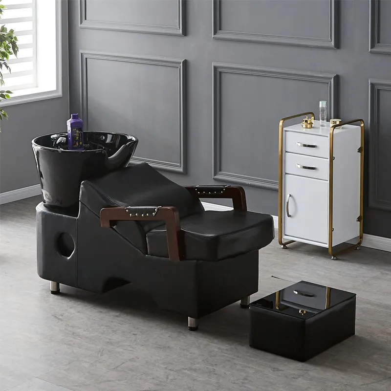 Black Basin Hair Salon Shampoo Chairs Wooden Handrail Spa Chair Salon Furniture Set