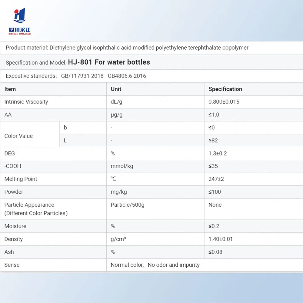 Hanjiang HJ-801 Pet Resin Bottle Grade for Water Bottles Manufacturer Certified CAS NO.25038-59-9 Molding Grade Model PET Chips