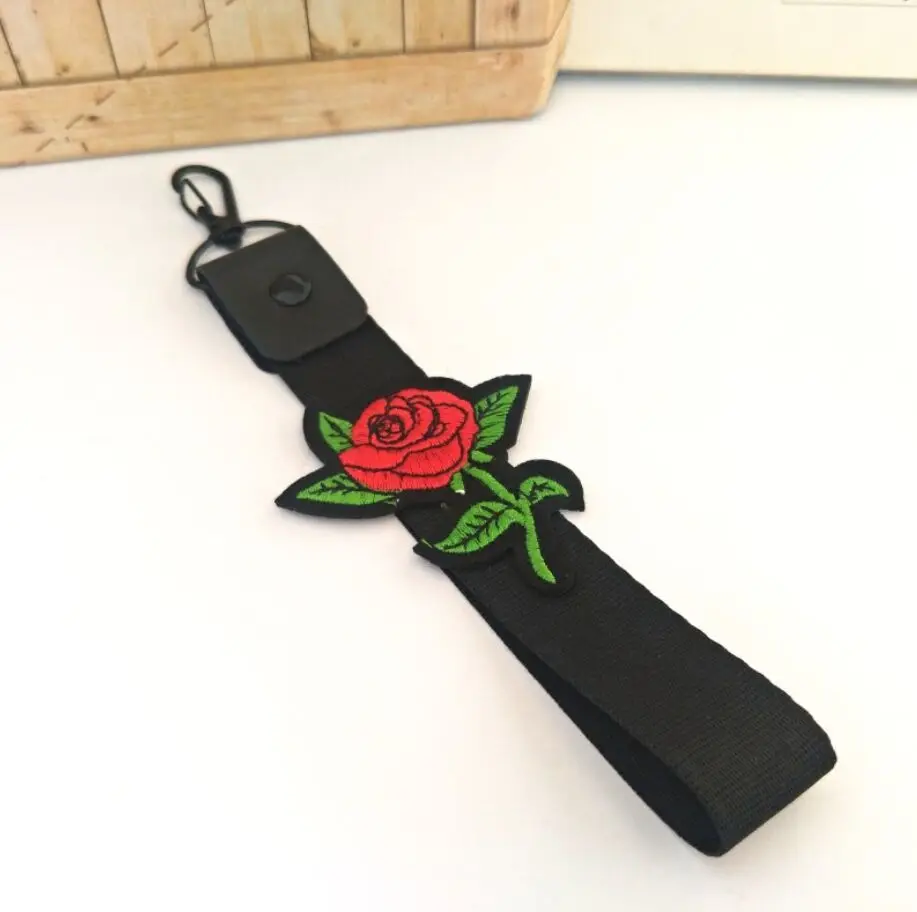 Korean Rose Flower Floral Woven Ribbon Embroidery Mobile Phone Rope Keychain Pendant,DIY Mobile Phone Strap Accessories Lanyards