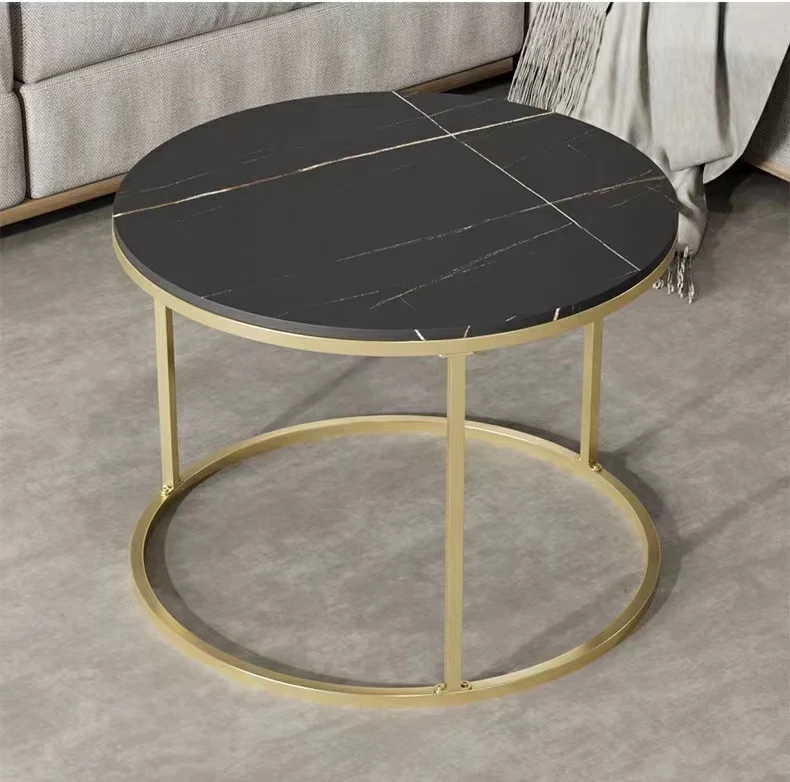 Home furniture living room modern gold small round cheap coffee table set with sintered stone top