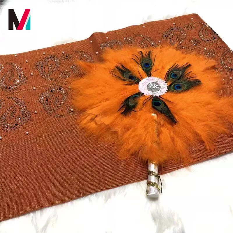  Оптовая продажа африканские камни и бусины aso oke gele Нигерия фанаты из зеленых перьев для женской