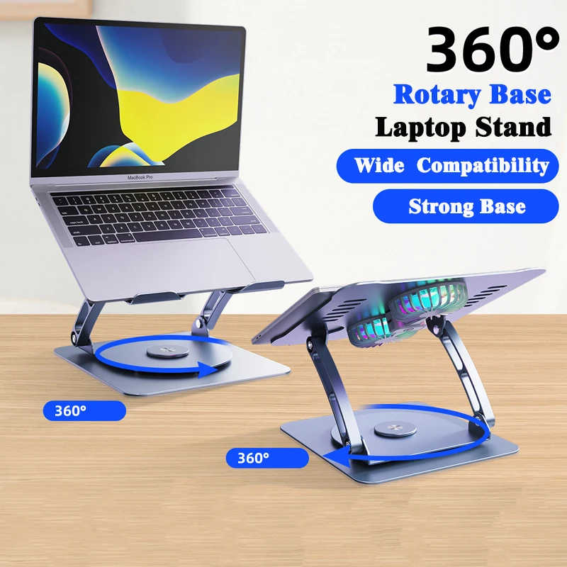 Yicosun Adjustable Ergonomic 2 fans Laptop Holder Aluminum Alloy Desk Laptop Stand Cooling Pads with 360 Rotating Base