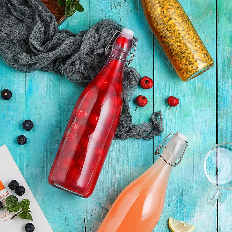 Cheap Wholesale 250/500/750/1000ml transparent swing top glass bottle with stopper for home brewing beverage juice