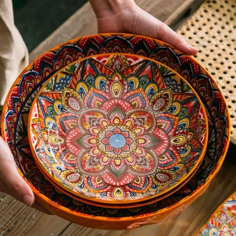 Bohemia Style Ceramic Dishes & Plates Retro Dinnerware Sets Under Glaze Porcelain Wholesale Tableware Bowls and Plates