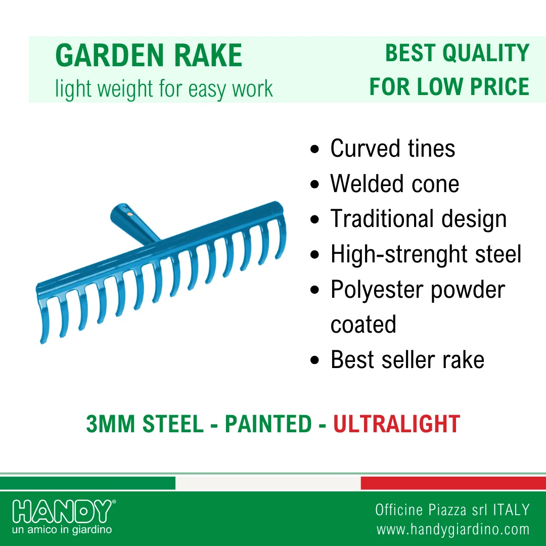 Italian Quality 10 Tine Ultralight Steel Rake with 120 cm Handle Industrial Grade Gardening Maintenance Tool
