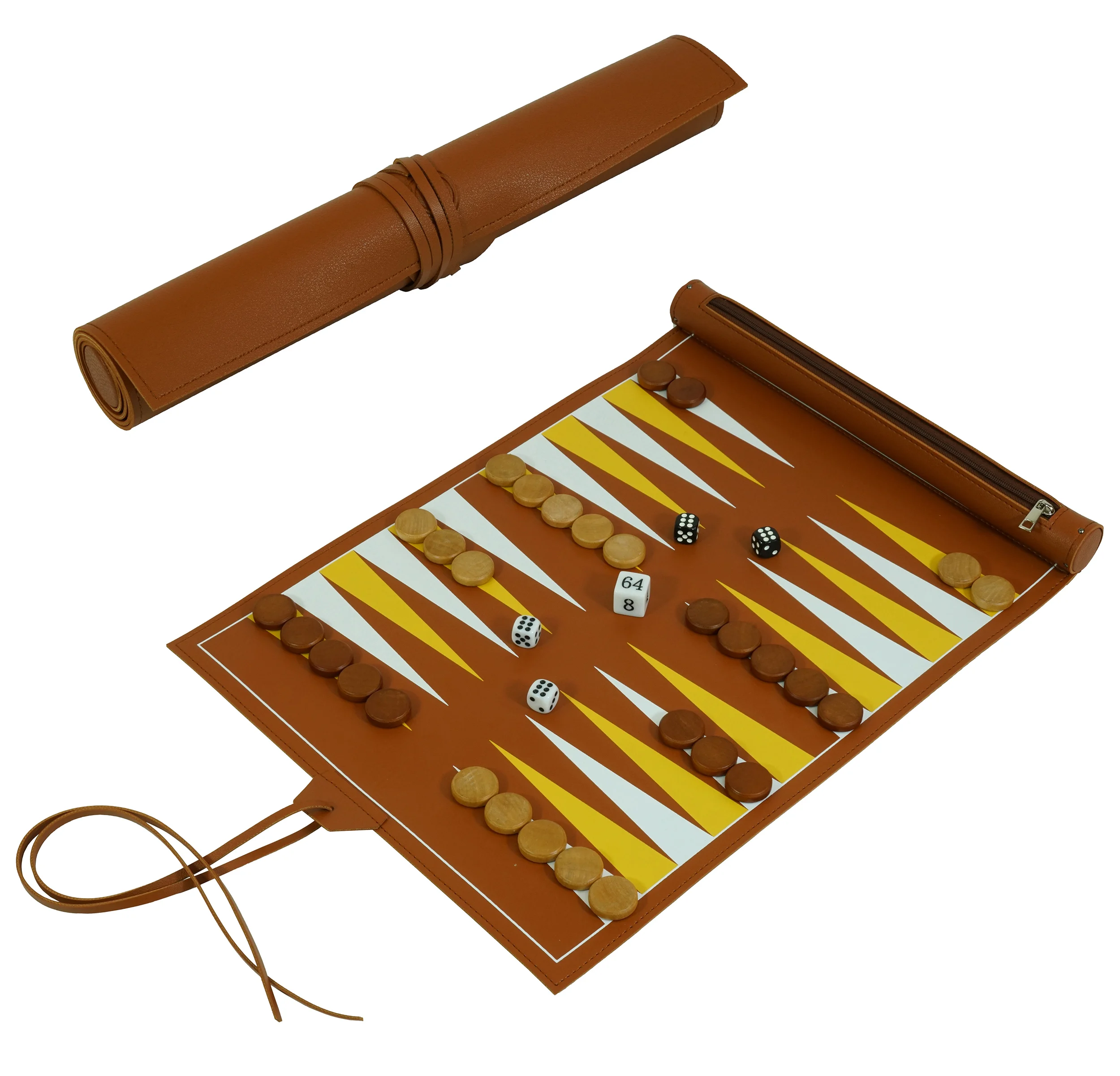 Sonny Custom 15 Inch Brown Leather Roll Up Travel Backgammon Set