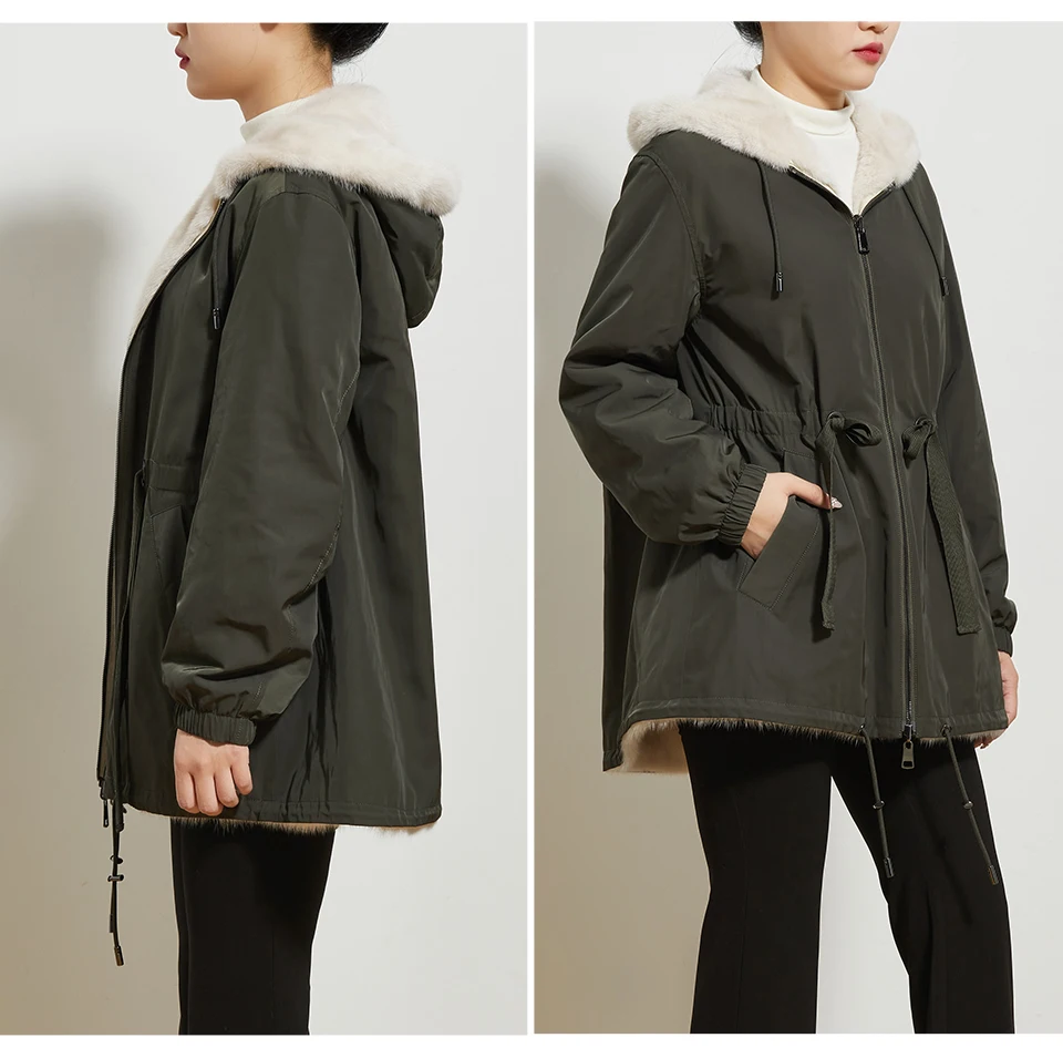 Fashion Women Winter Warm Mink Fur Coat Drawcord At Waist Reversible Hooded Outwear