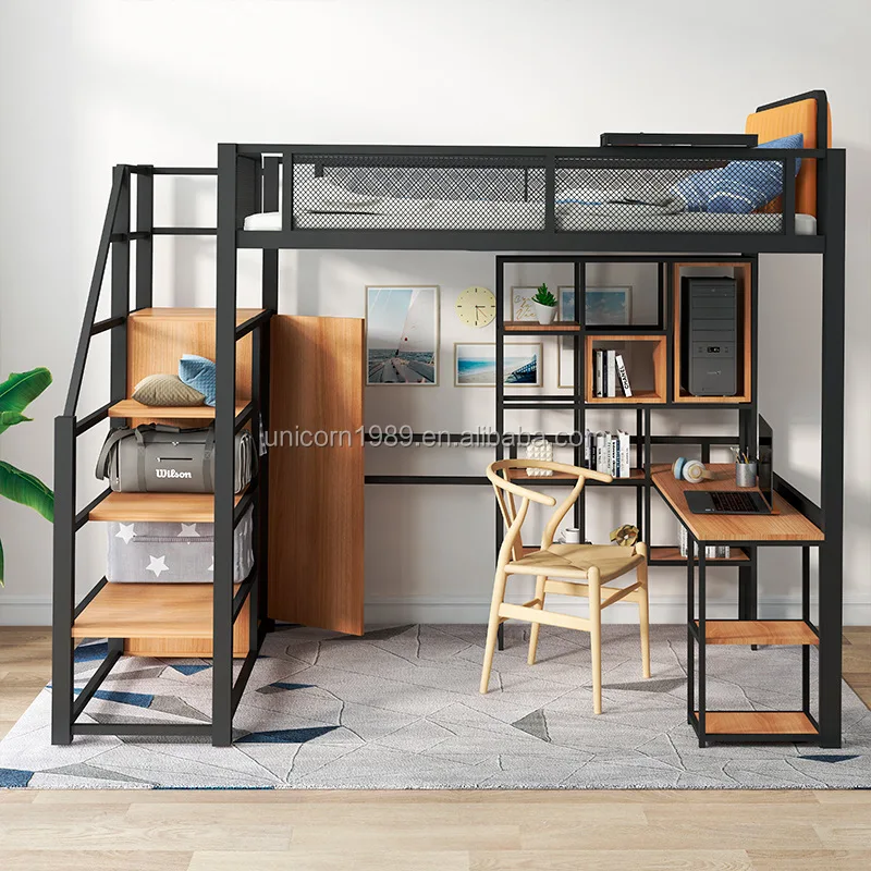 Industrial Apartment Integrated Bedroom Furniture Divan Bed Adults Customized Bedroom Sets Mezzanine Bunk Metal Traditional