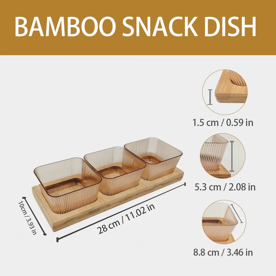 Bamboo Nut and Candy Serving Tray, Party Appetizer Platter Veggie Dish, Candy Bowl with 3 Acrylic dishes