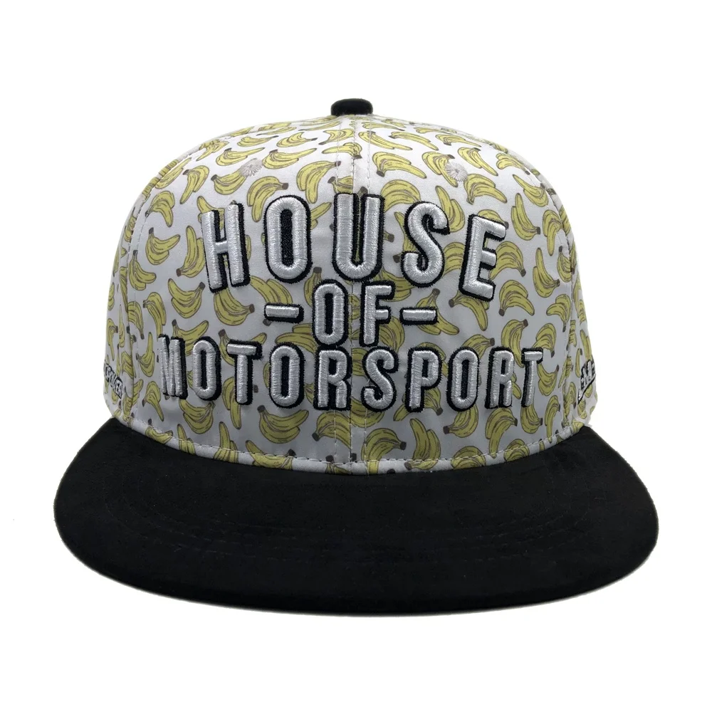 OEM customized banana sun caps for men two tones 3d embroidered woven tags full print sublimation custom logo snapback hats