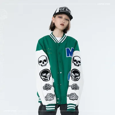 hip hop casual winter punk  streetwear vintage skull embroidery patchwork loose flocking unisex jacket coat