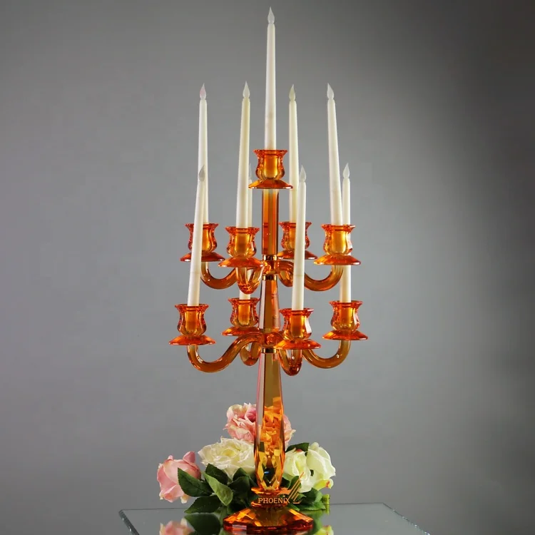 Лидер продаж современный подсвечник с 9 ручками оранжевые цветные хрустальные канделябры для свадебного стола